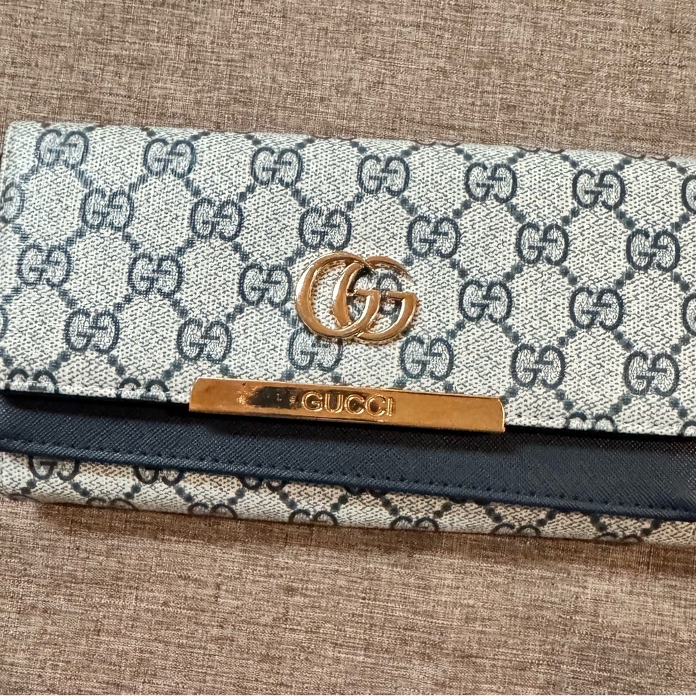 Designer inspired Wallet with Navy Trim and Gold Hardware